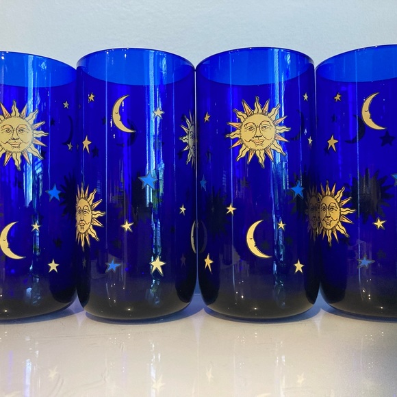 RARE Vintage Libbey Cobalt Blue Celestial Tumblers Sun Moon Stars Glass set of 4 - Picture 5 of 12